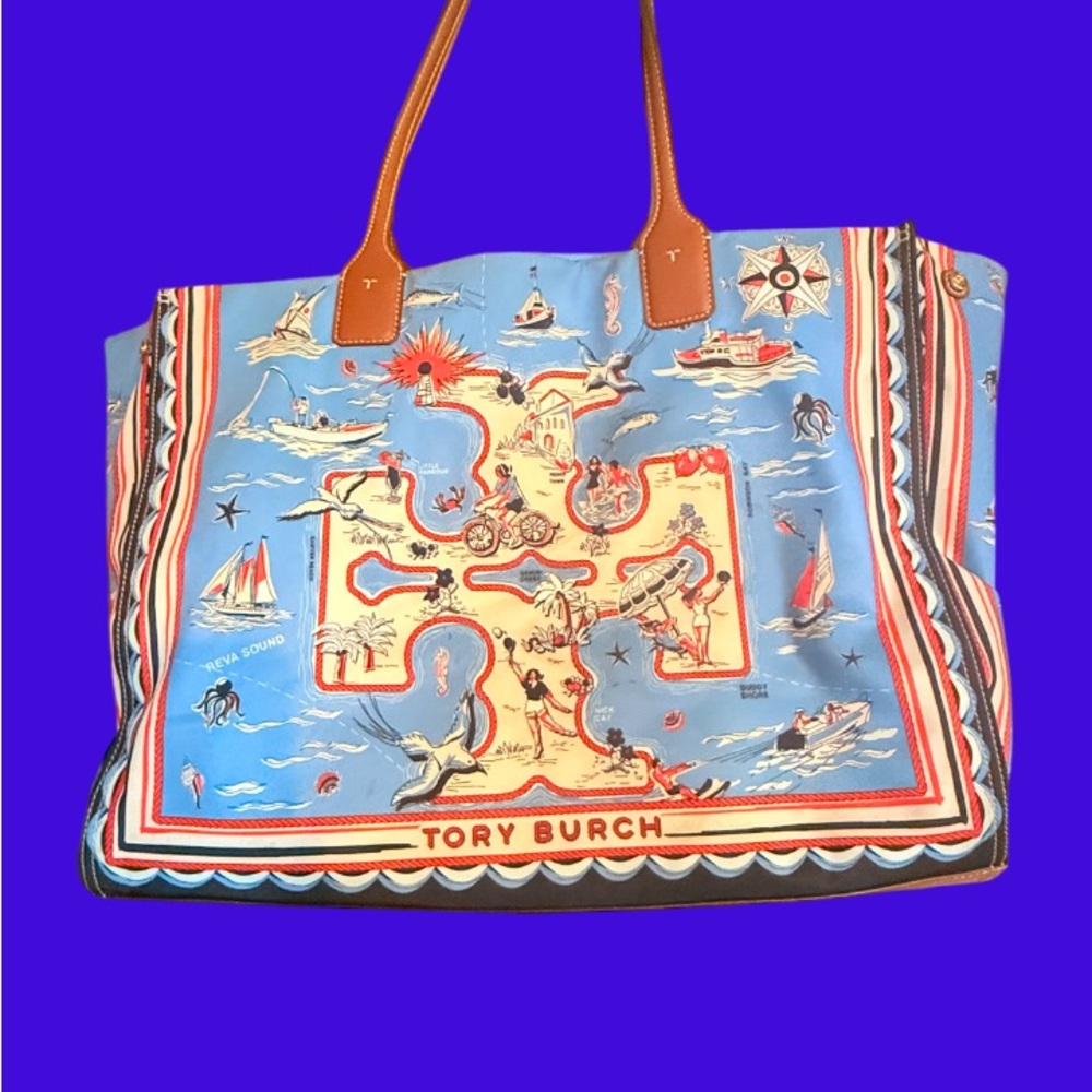 Tory Burch Blue and Tan Tote Bag with Elegant Design